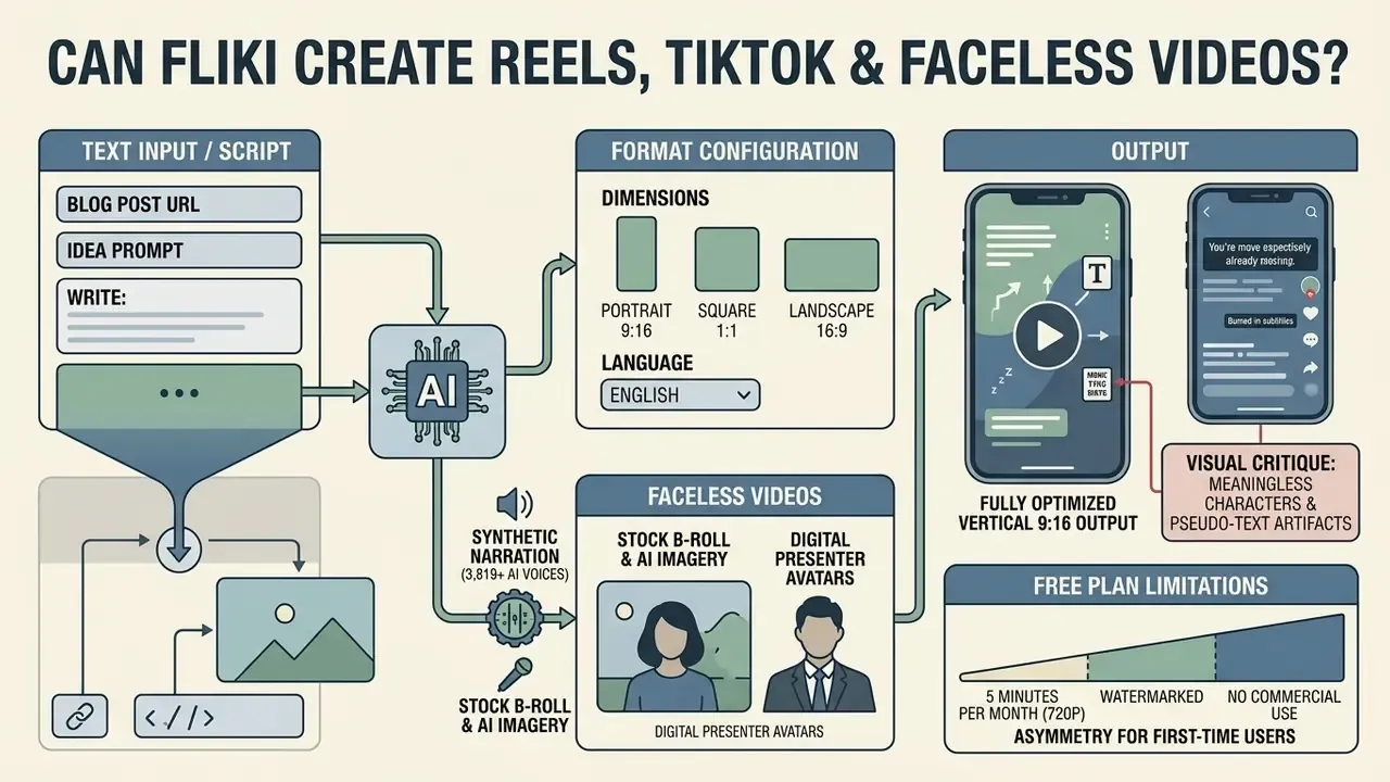Process map showing how Fliki AI converts text scripts into vertical video content with avatars and voiceovers