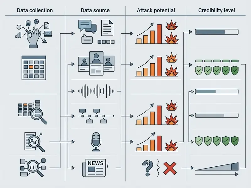 Table mapping data collection methods to sources, attack potential, and credibility levels