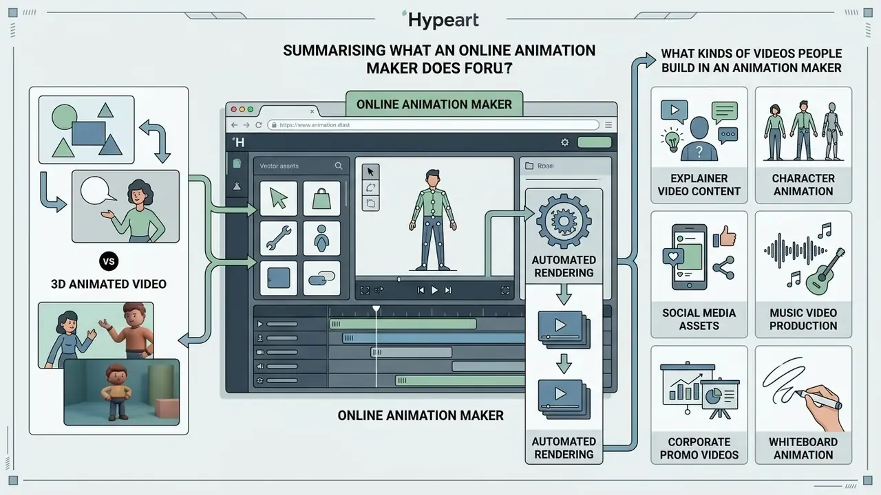 Diagram showing an online animation maker interface with vector assets, character rigs, and video output types