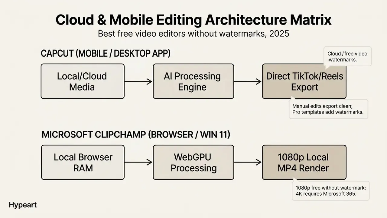 Flowchart comparing the processing pipelines of CapCut and Microsoft Clipchamp for video editing