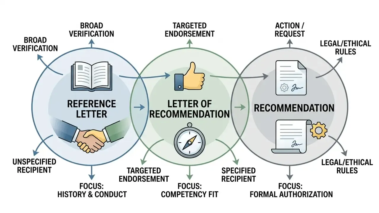 Venn diagram comparing reference letters, letters of recommendation, and formal recommendations