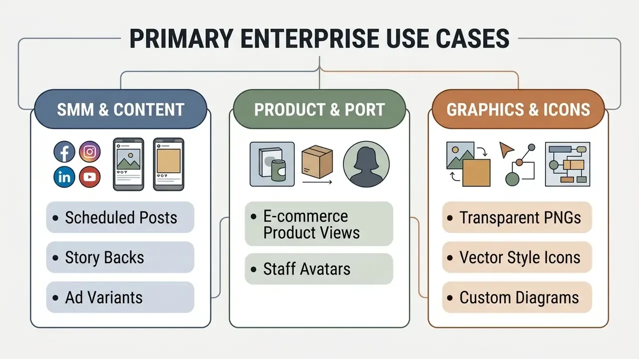 Diagram categorizing enterprise use cases for social media content, product displays, and graphic design