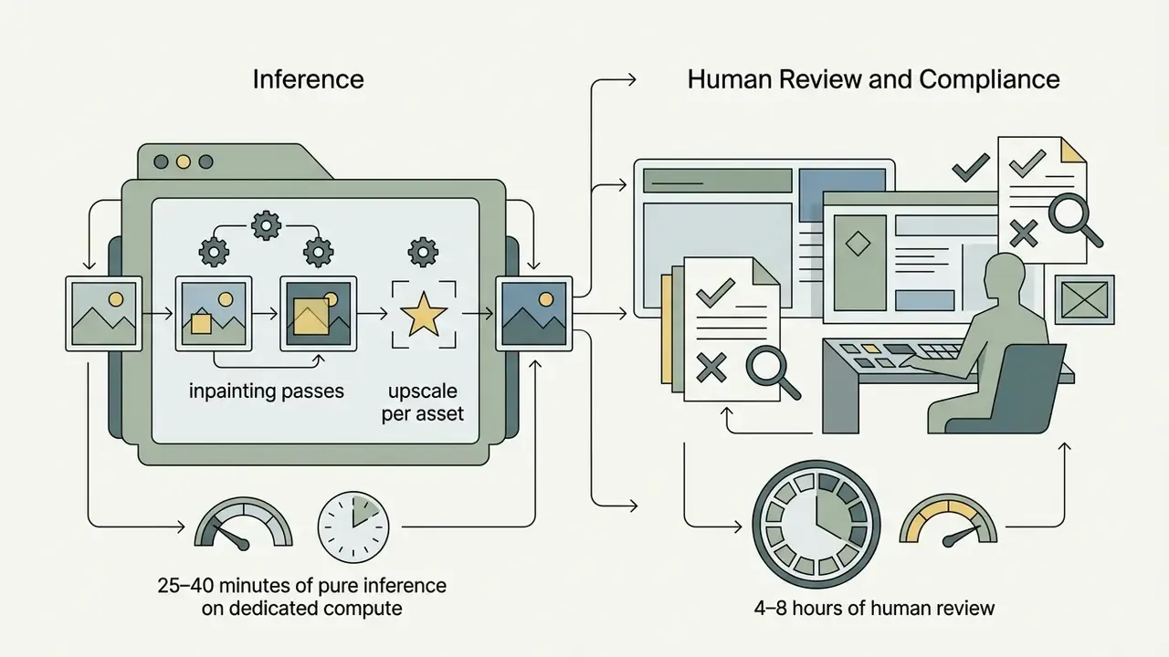 Flowchart comparing automated image inference time against manual human review and compliance workflows