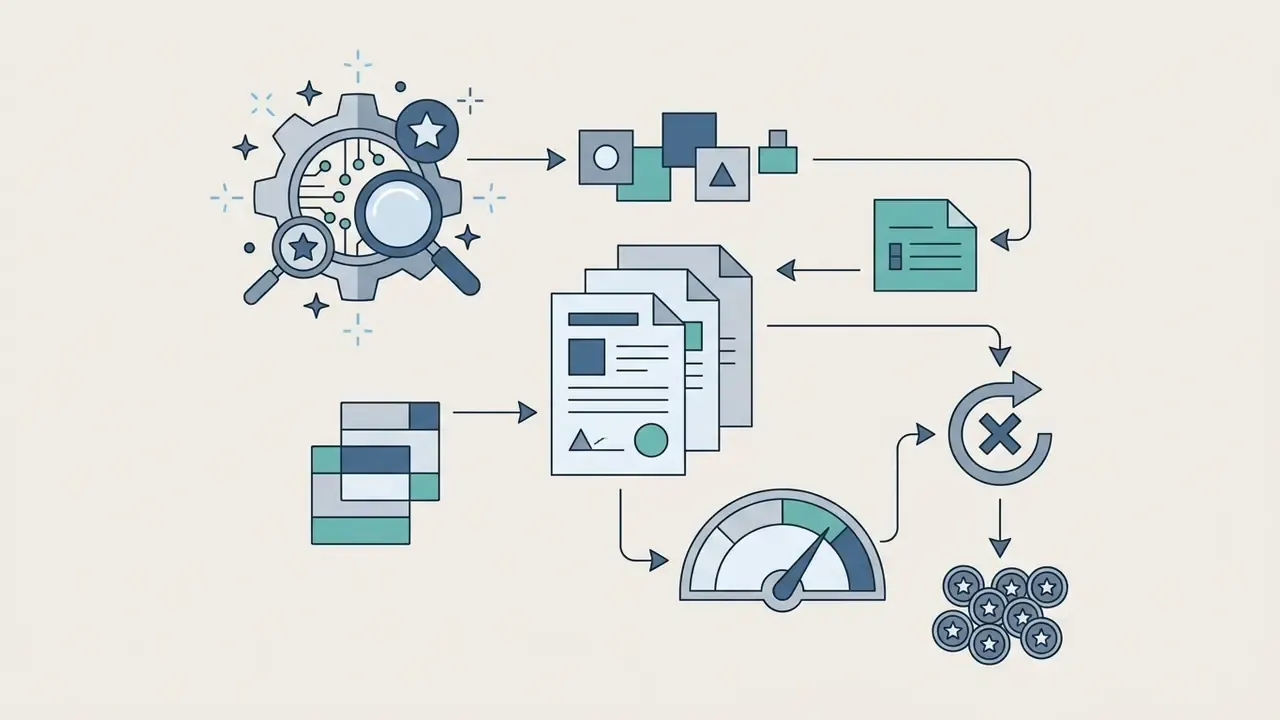 Processing icons and document stacks linked by arrows to a status gauge and a pile of credit tokens