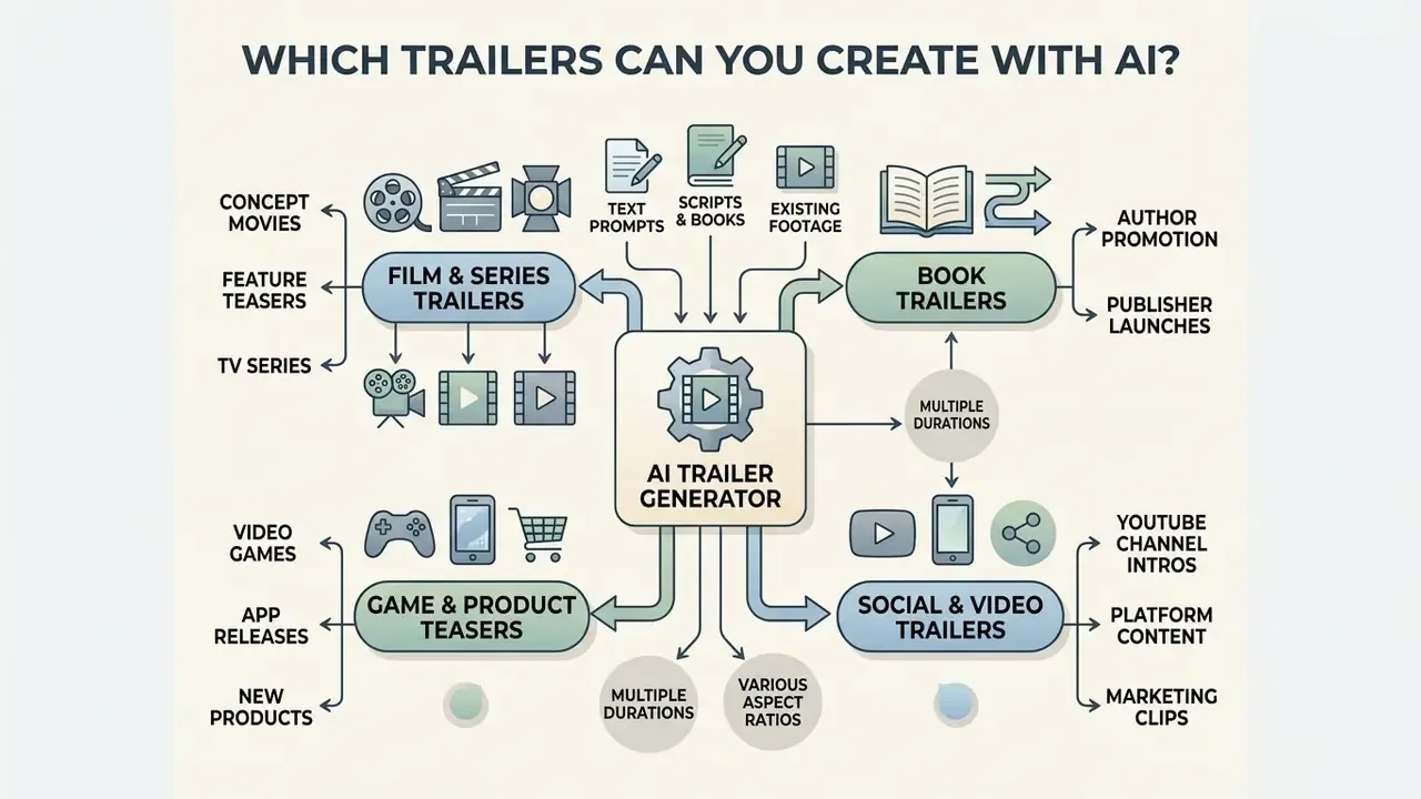 Infographic showing how an AI movie trailer maker produces diverse video content for various platforms
