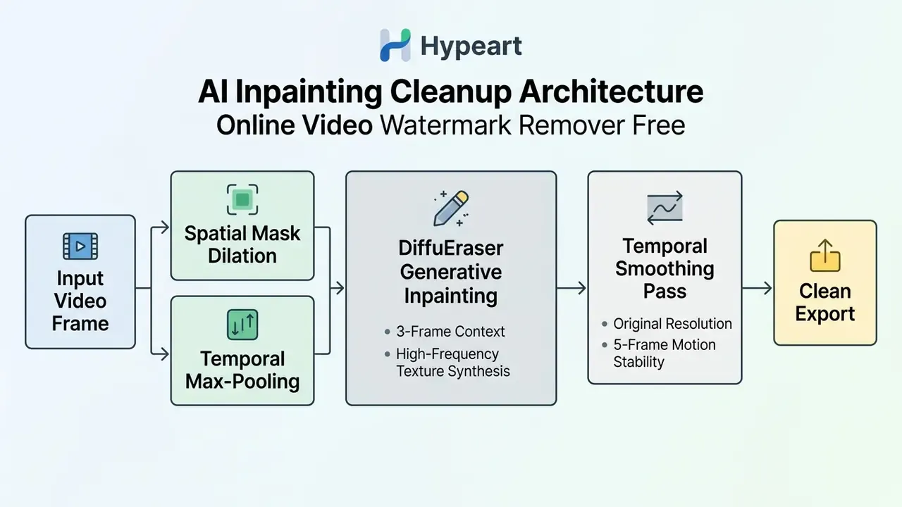 Technical diagram showing the sequential stages of an AI video processing and watermark removal pipeline