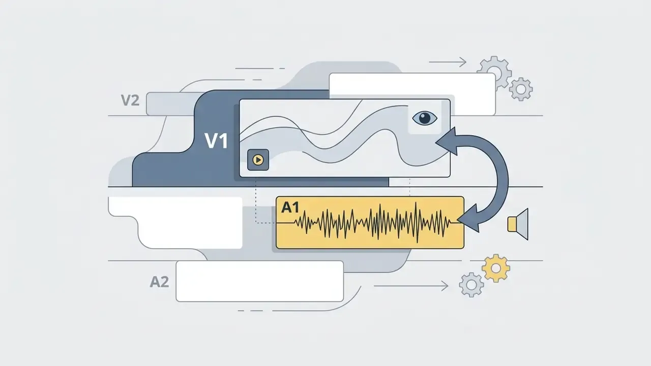 Linked V1 video and A1 audio tracks represented as blocks with an arrow indicating their connection