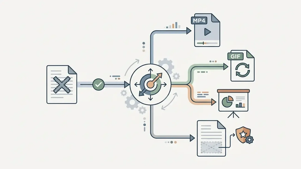 File being processed through a gear system to export as MP4, GIF, presentation, or branded document
