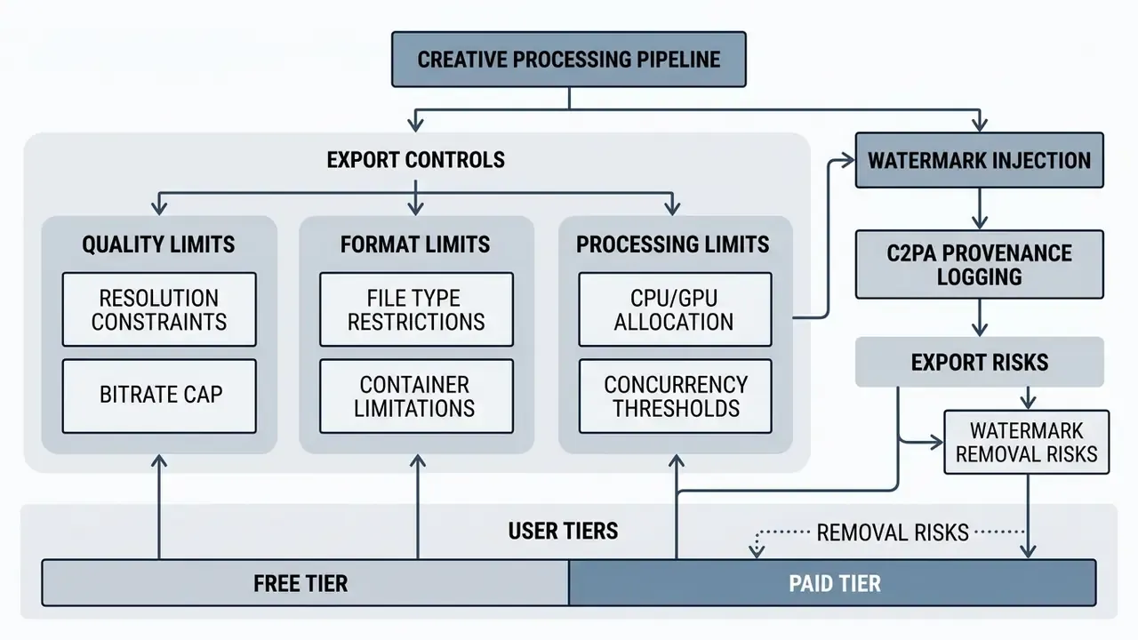 Block diagram detailing the architecture of AI watermark injection and export limit controls