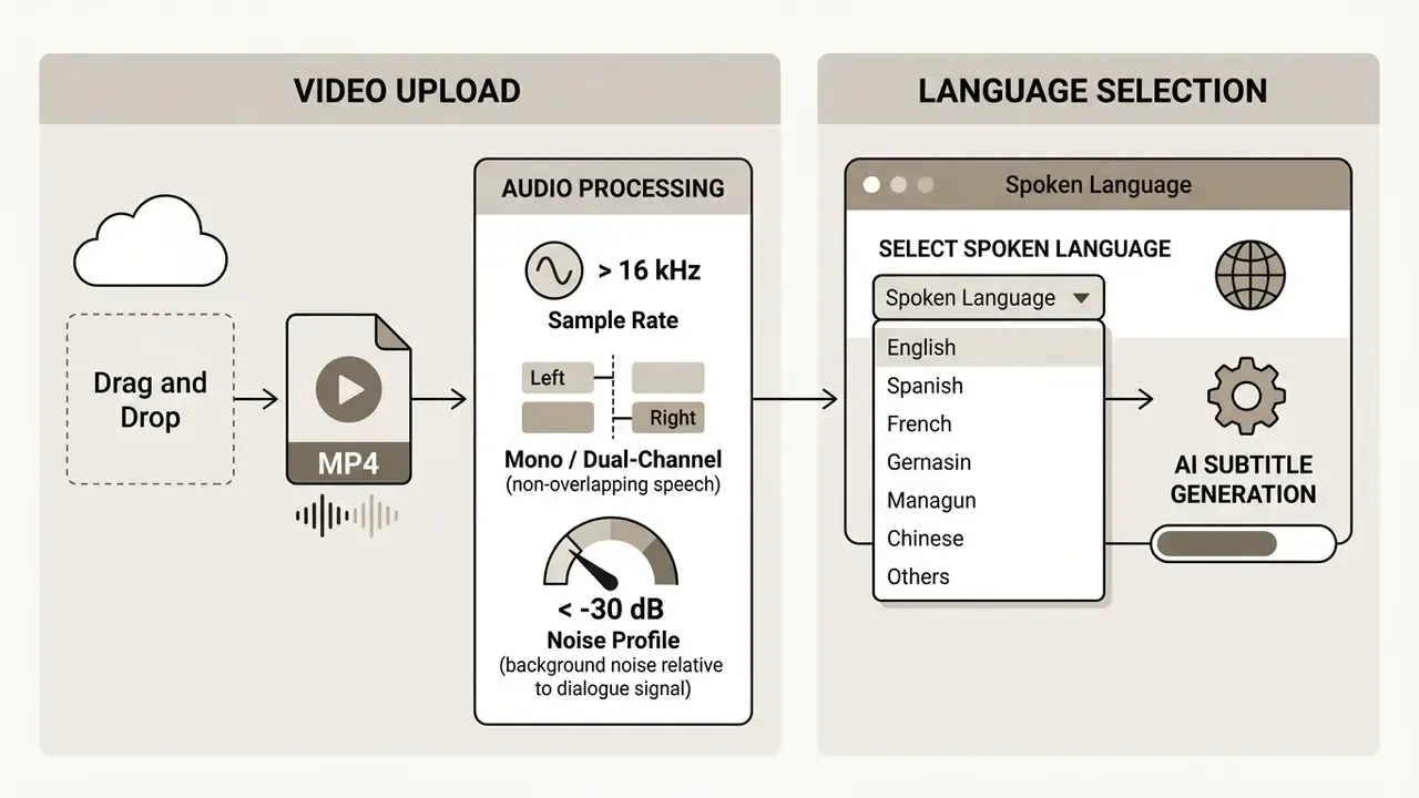Steps for video upload and audio processing requirements before selecting a language for AI subtitles