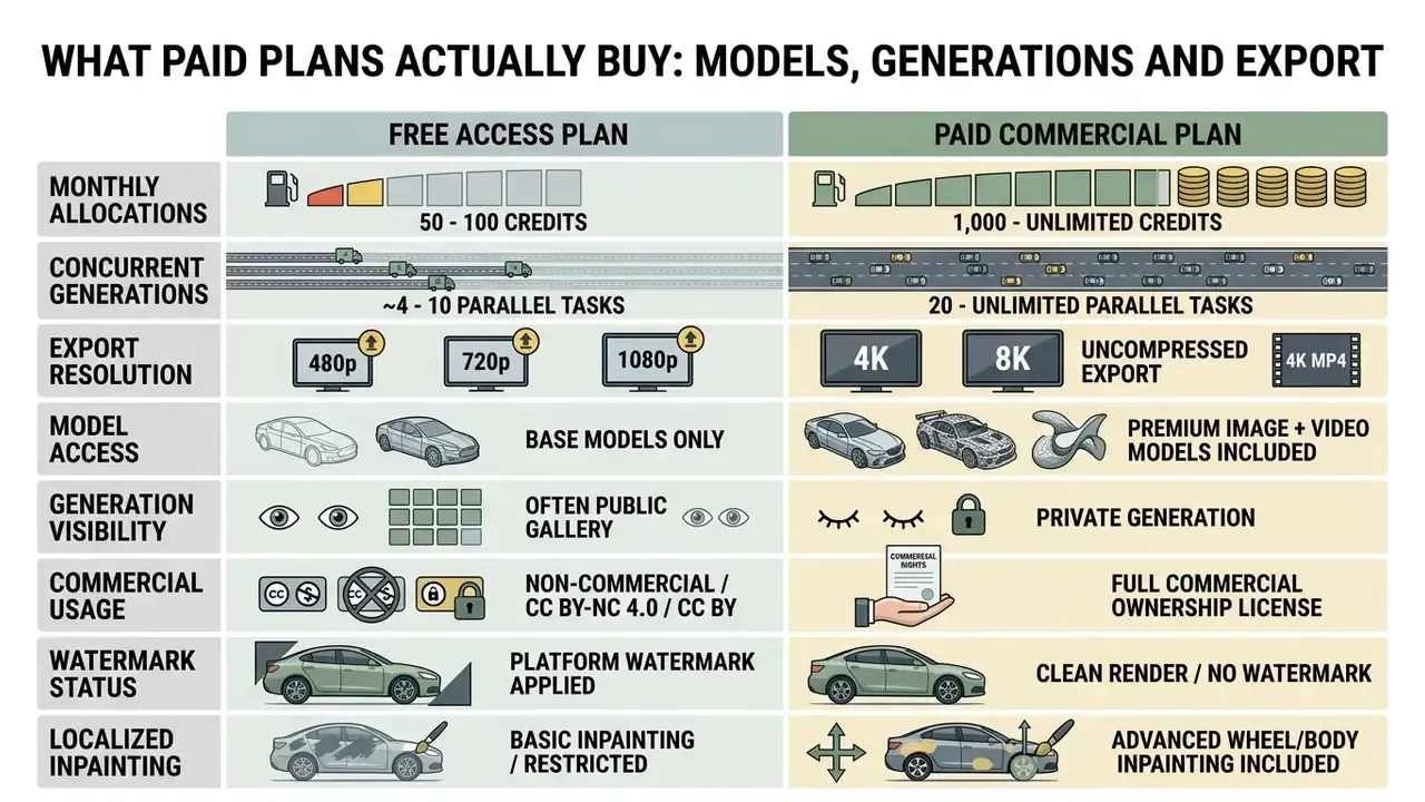 Table comparing features of free and paid subscription plans for an automotive design software platform