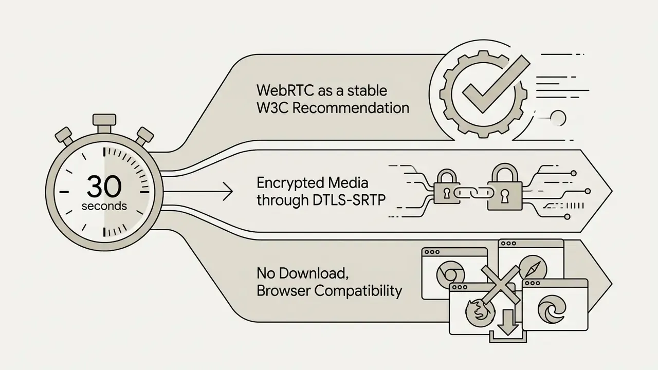 Stopwatch icon feeding into three panels showing WebRTC standards, media encryption, and browser access