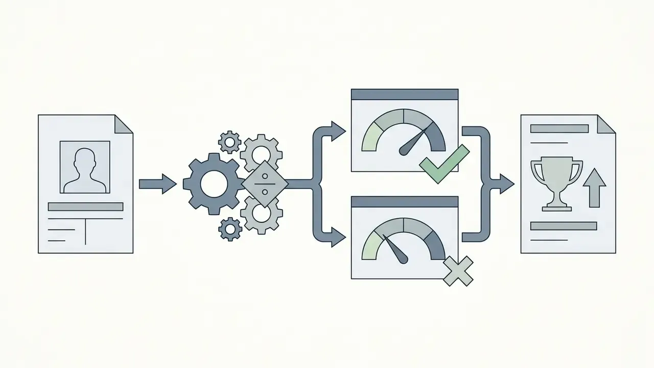 Profile document processed through gears into performance gauges showing pass and fail results