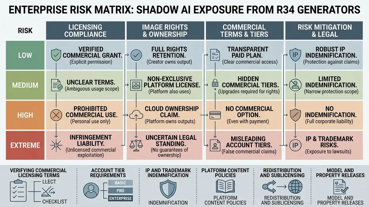 Matrix table mapping licensing, ownership, and legal risks across four tiers of exposure