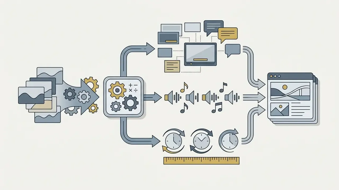 Flowchart showing raw images being processed into dynamic captions, sound effects, and timed sequences