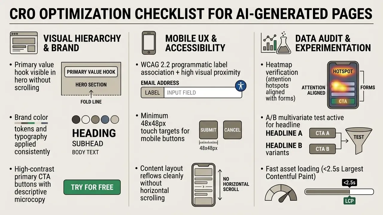 Three-column checklist detailing design, mobile accessibility, and data testing for web optimization