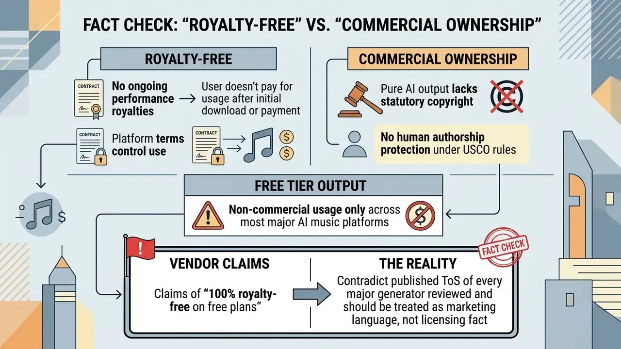 Comparison chart detailing royalty-free licensing, commercial ownership, and free tier usage restrictions