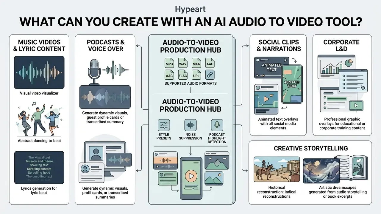 Overview of creative outputs like music videos and social clips generated by an AI audio to video tool
