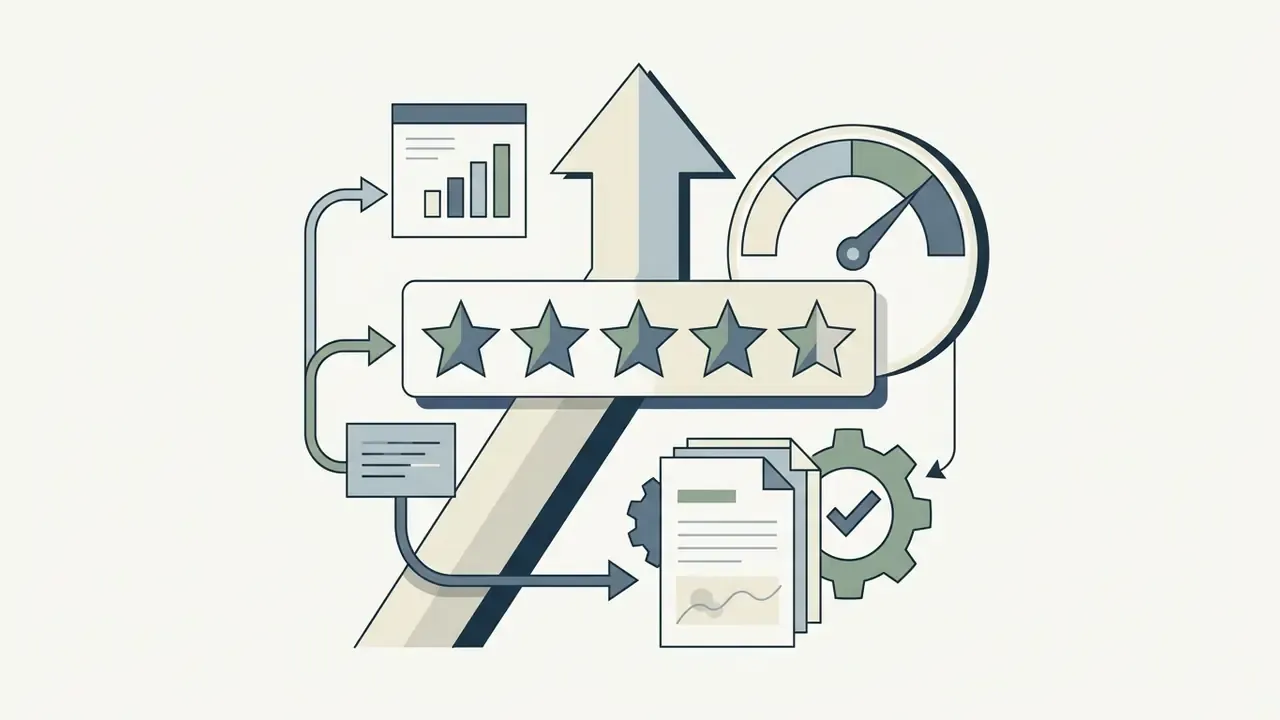 Five stars above a document and gear system with a gauge and upward arrow representing user satisfaction