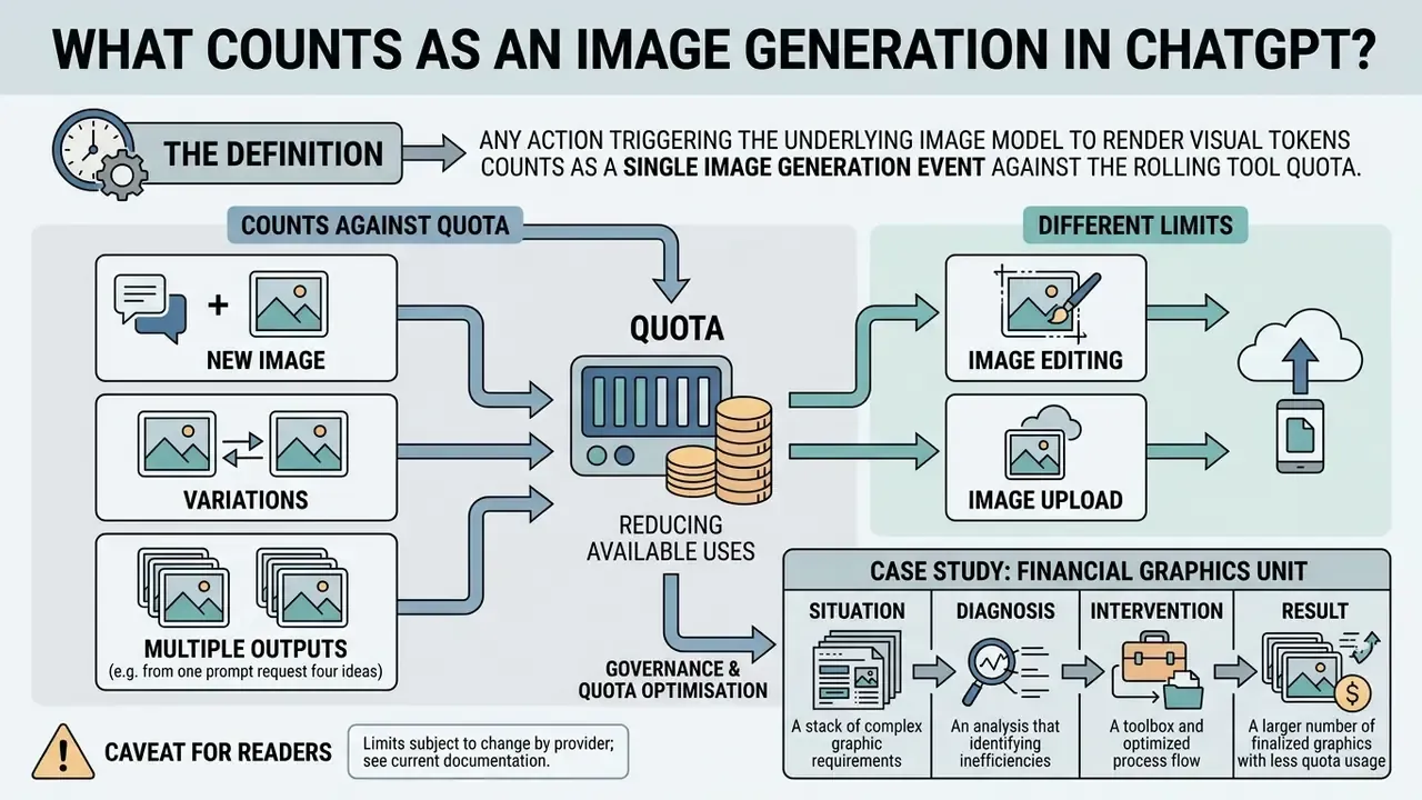 Infographic explaining how ChatGPT Plus image generation events consume quota through various user actions