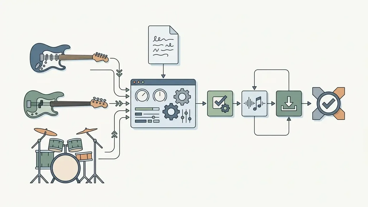 Electric guitar, bass, and drums feeding into a central processor to generate audio files and downloads