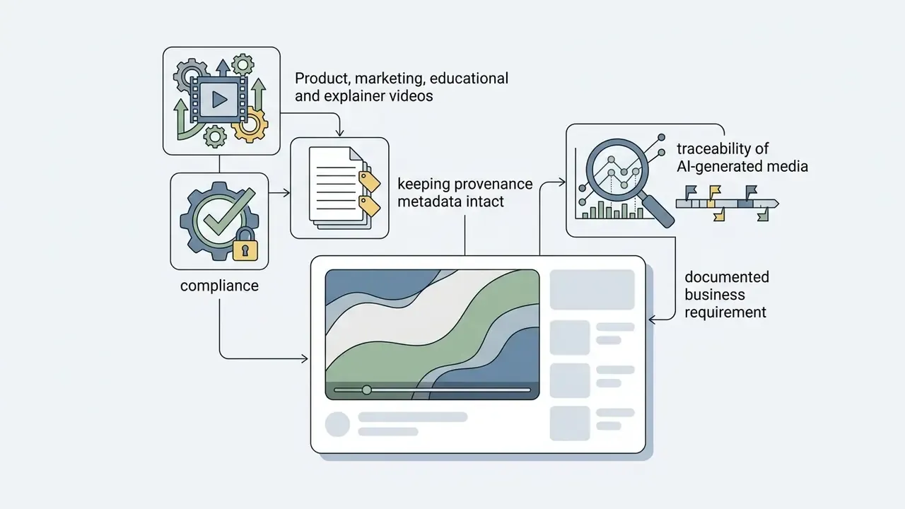 Workflow showing compliance and metadata tagging processes feeding into a video generation interface