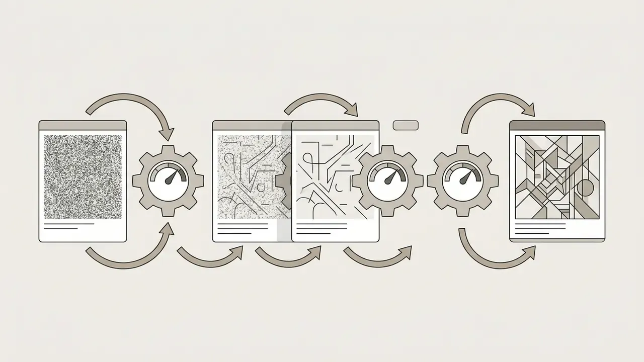 Sequential process showing random noise transforming into a clear geometric image through iterative refinement