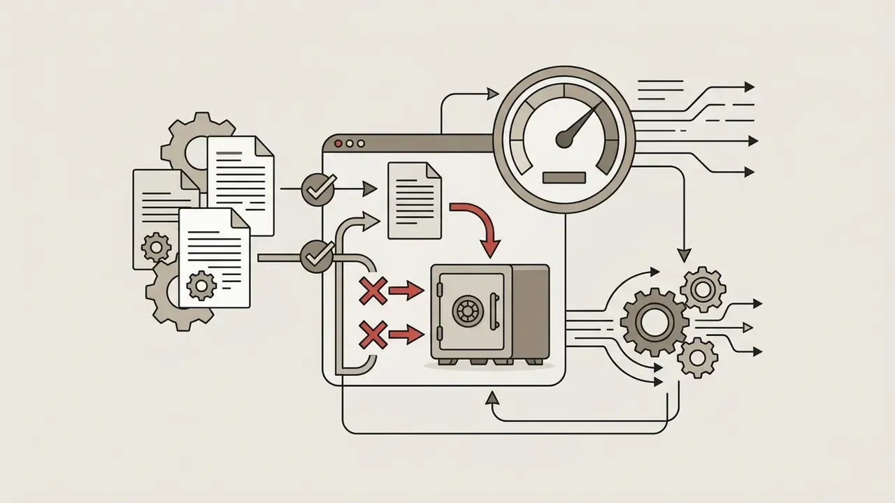Documents moving through a secure process with a gauge and gears representing data protection