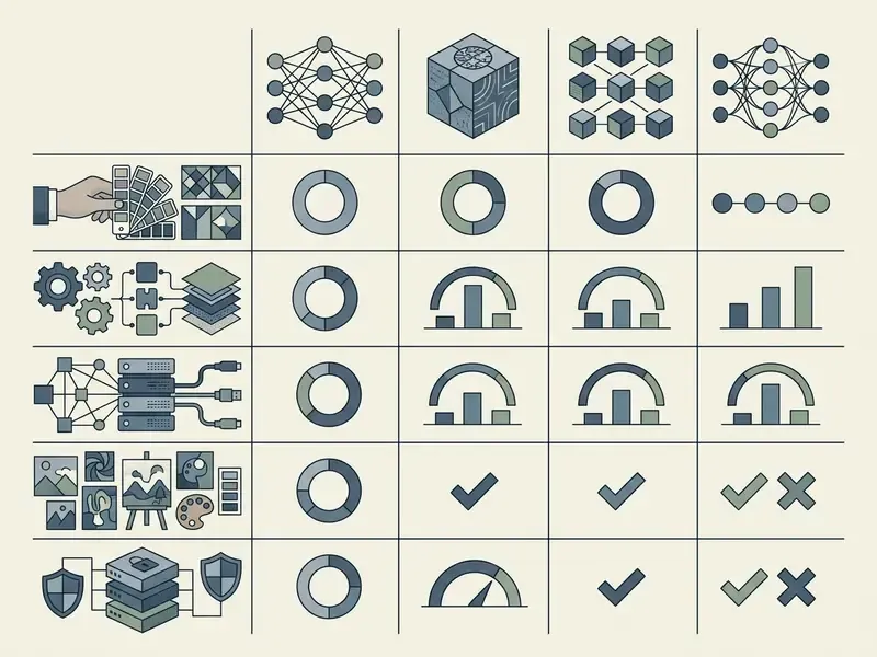 Comparison table displaying technical features and performance metrics for four distinct AI image generators
