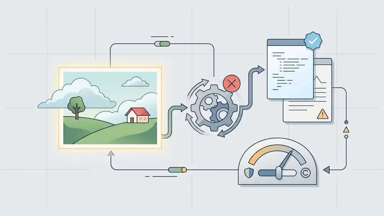 Landscape image feeding into a gear system that connects to code documents and a gauge monitor