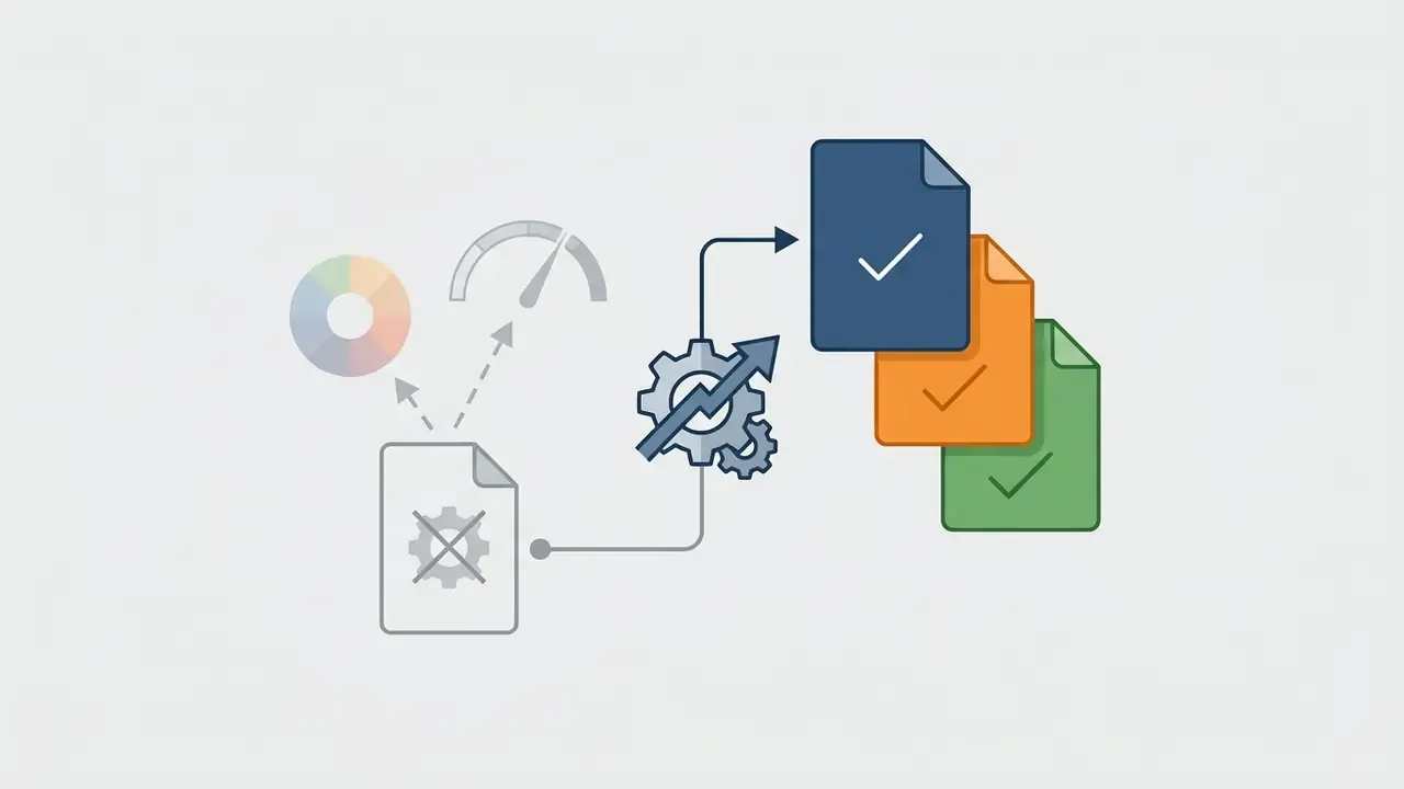 Document icon with gears and gauges connecting to multiple colored file icons with checkmarks