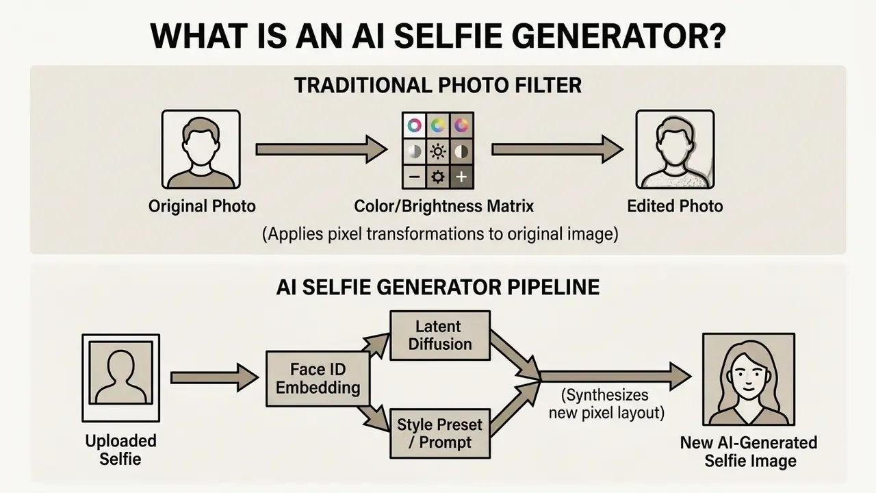 Diagram contrasting traditional pixel-based photo filters with the generative process of an AI selfie generator