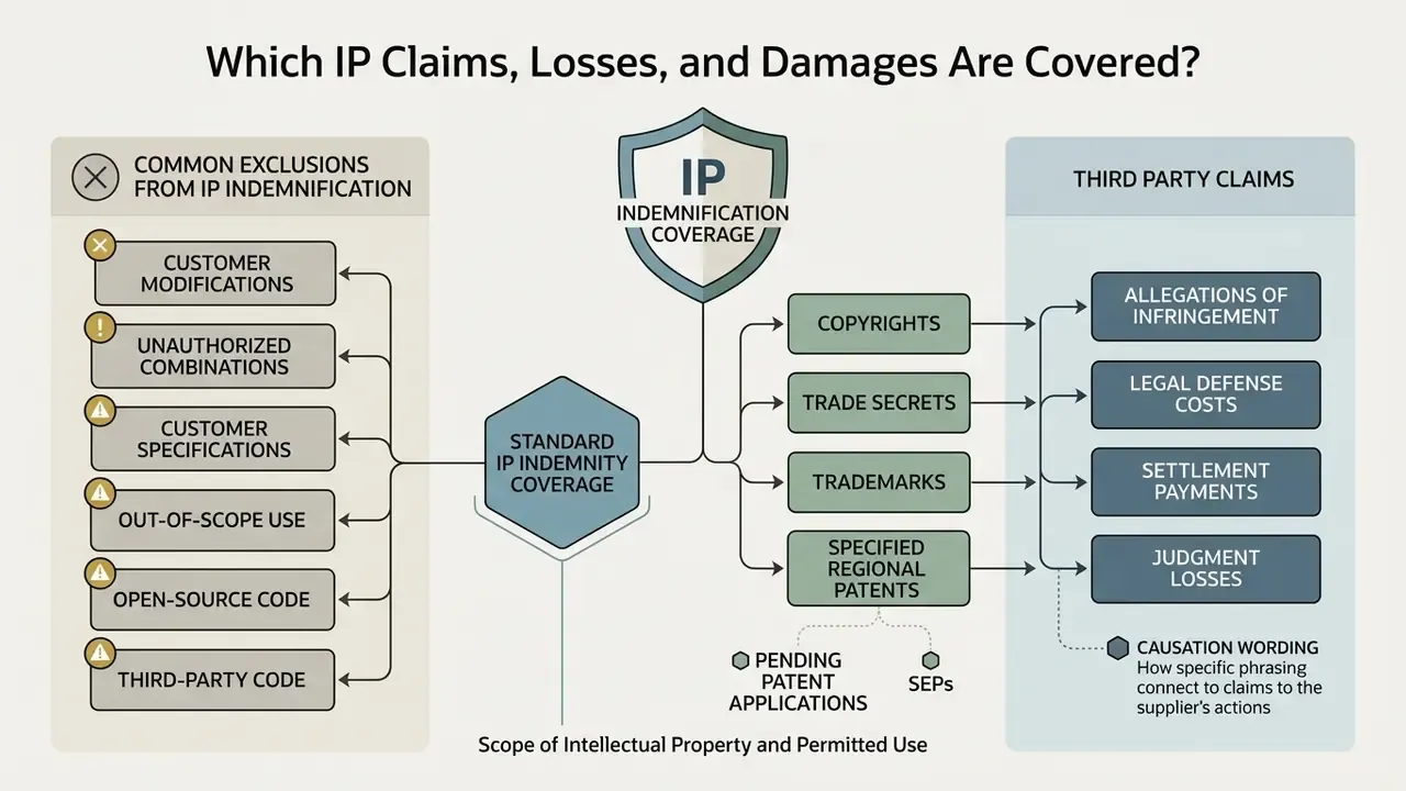Diagram contrasting common exclusions from IP indemnification with covered claims and legal damages