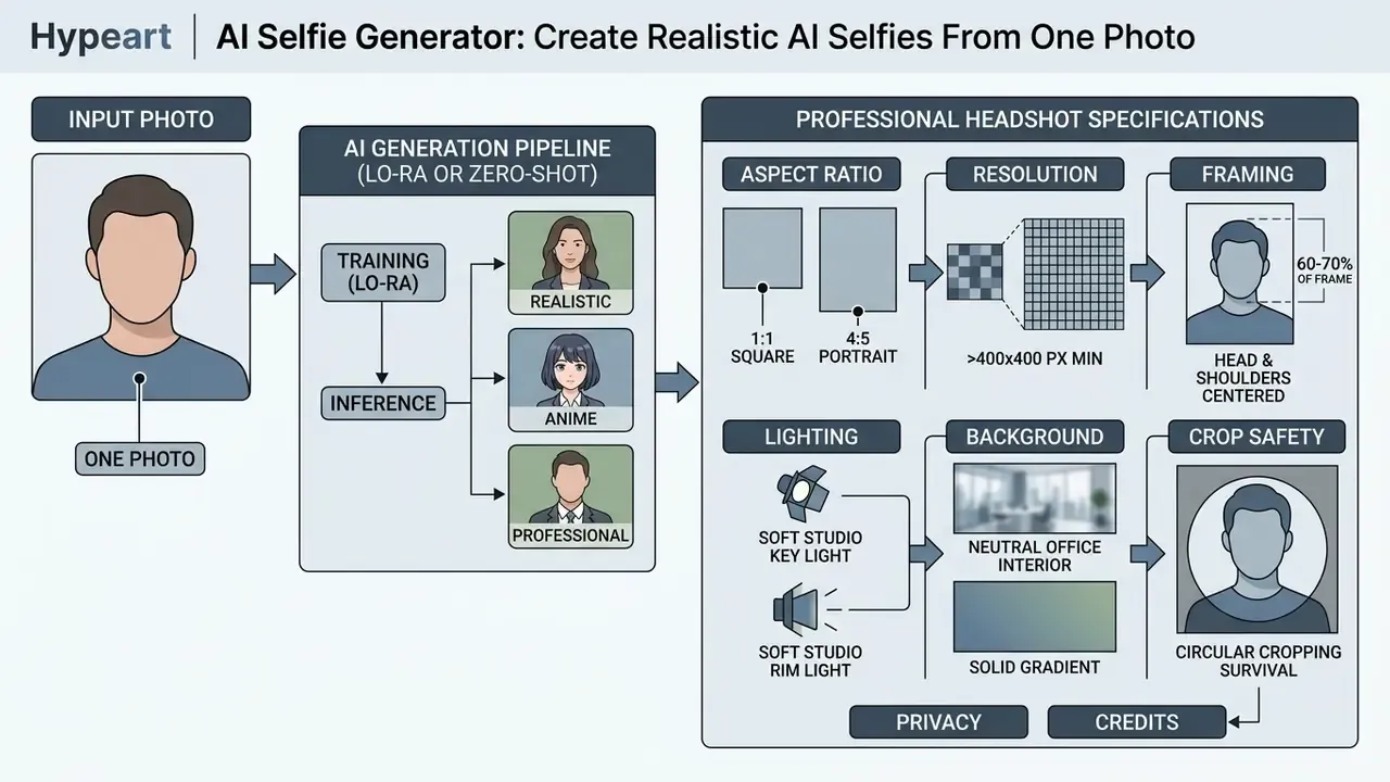 Workflow diagram showing photo input, generation pipeline, and technical requirements for headshots