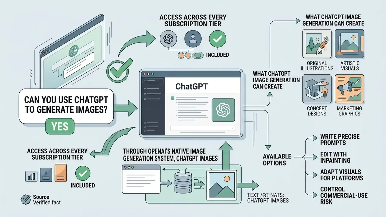 Infographic explaining how to generate images with ChatGPT through subscription tiers and prompt options
