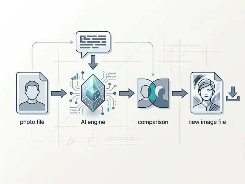 Flowchart illustrating the steps of a free AI selfie generator from input photo to final download