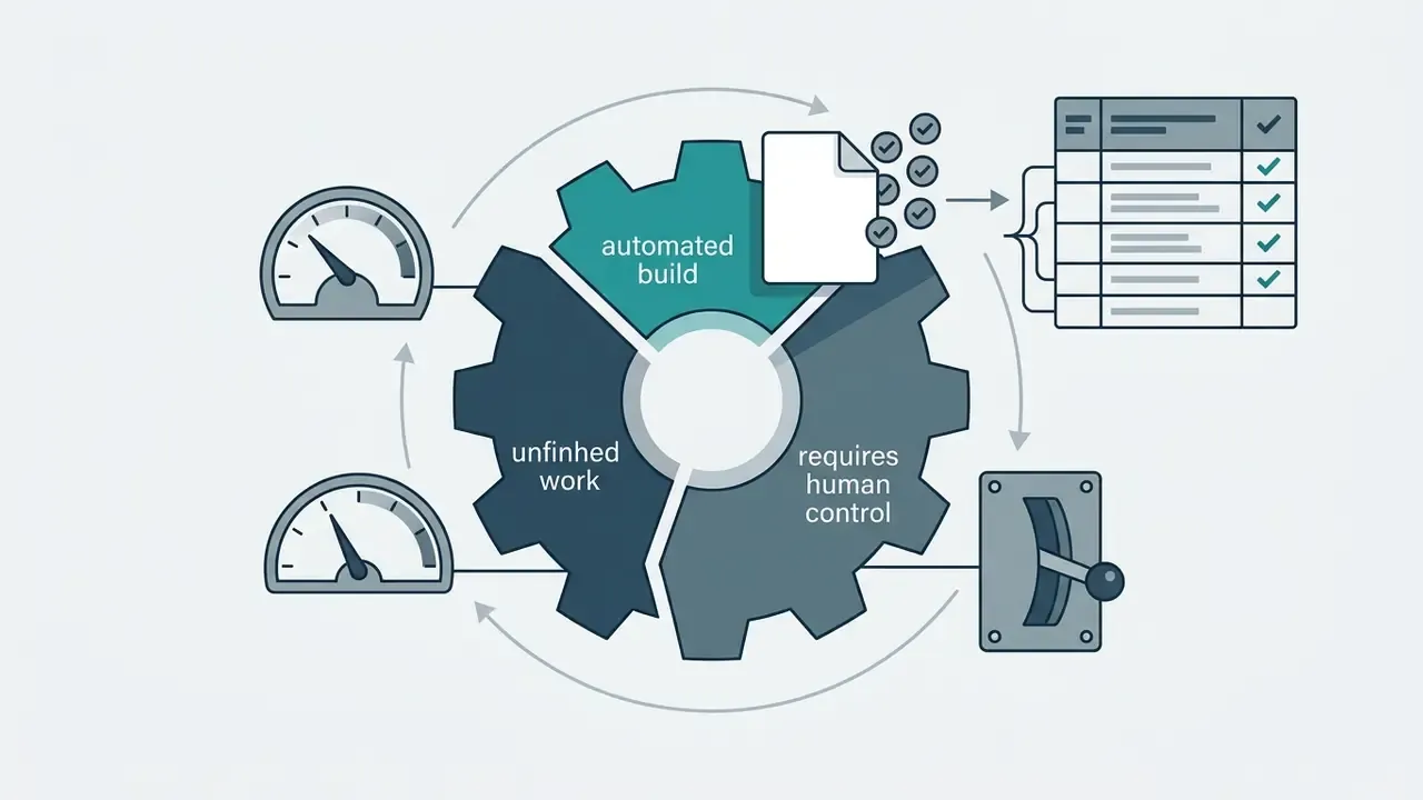 Central gear icon connected to gauges, a checklist, and a control switch representing automated workflows