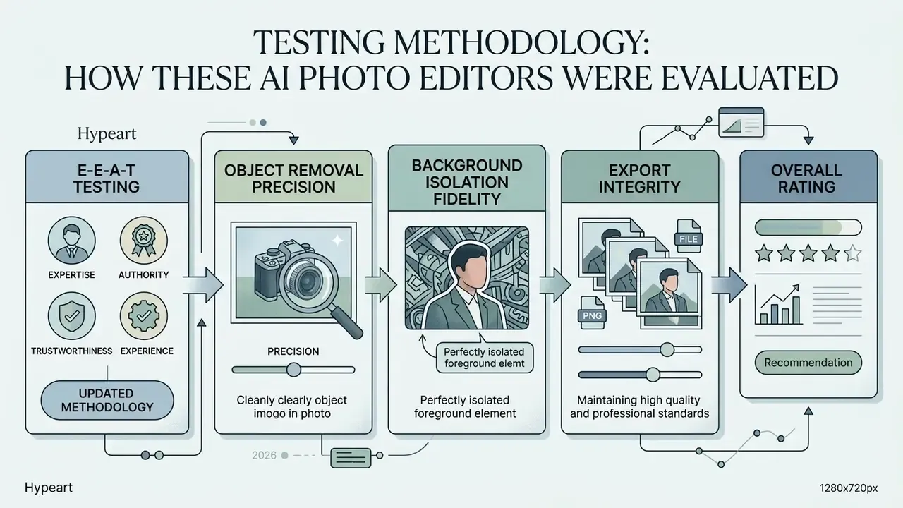 Flowchart detailing evaluation criteria for a free AI photo editing app including E-E-A-T and export quality