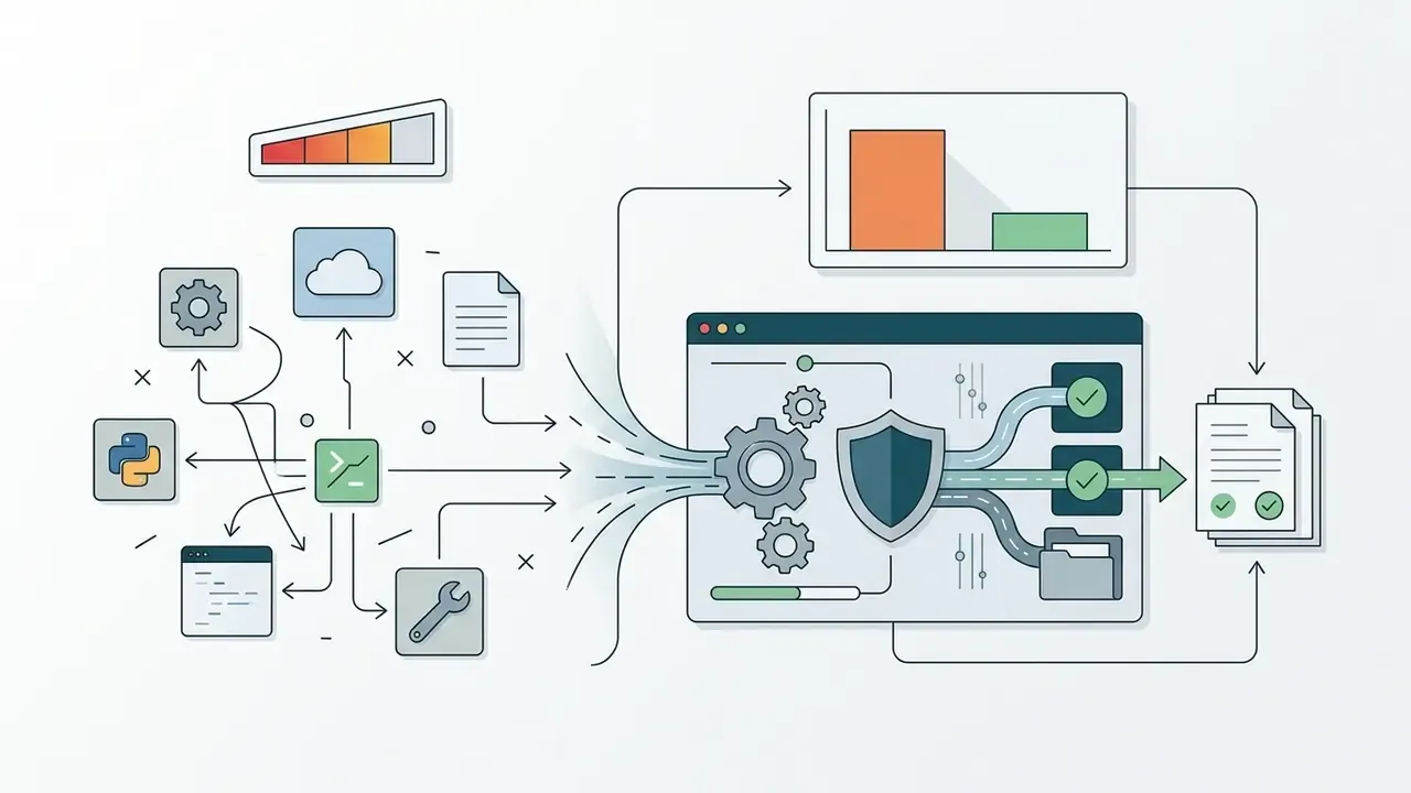 Diagram showing scattered software tools funneling into a centralized secure platform for data output