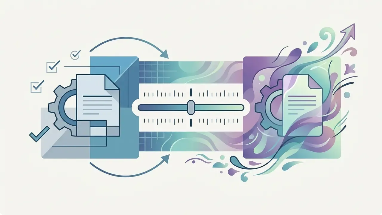 Slider control transforming a structured document icon into a stylized and fluid artistic graphic