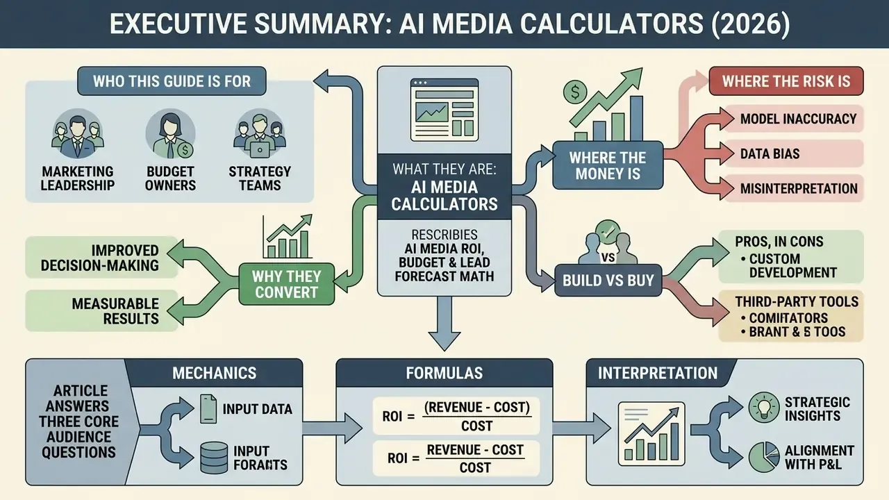Flowchart outlining the target audience, risks, benefits, and mathematical formulas for AI Media Calculators