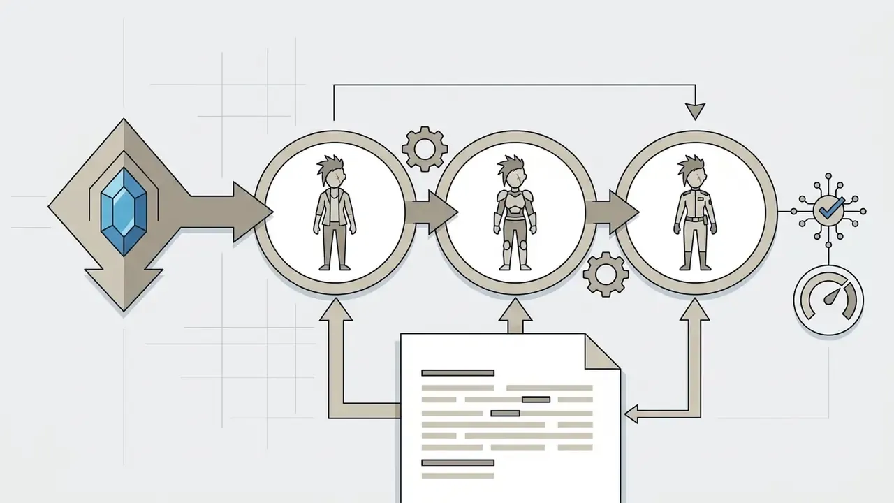 An anime character icon transitioning through three distinct outfit styles guided by a document input