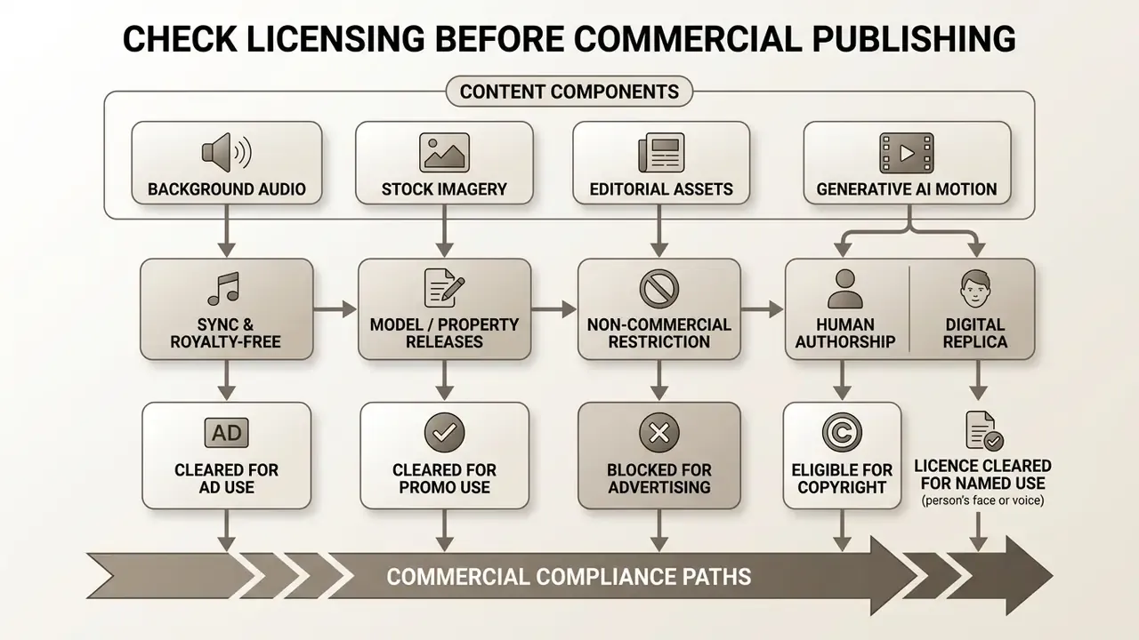 Step-by-step logic map evaluating content components against licensing and commercial compliance requirements