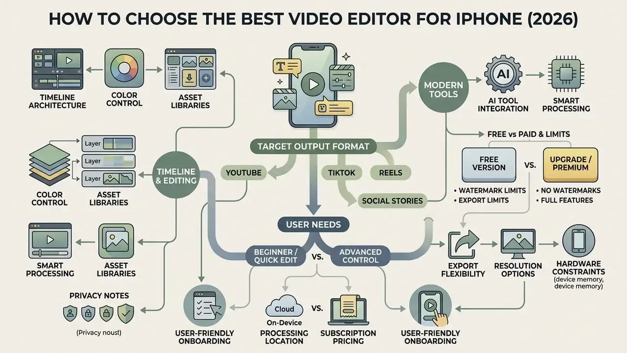 Flowchart outlining factors for selecting an iPhone video editor based on user needs and technical features