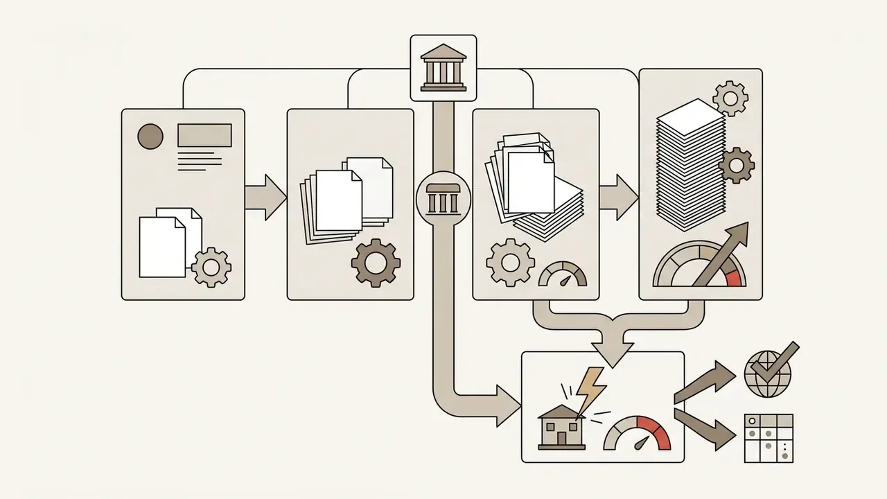 Stepwise workflow showing document processing, risk tiering, and validation against legal outcomes