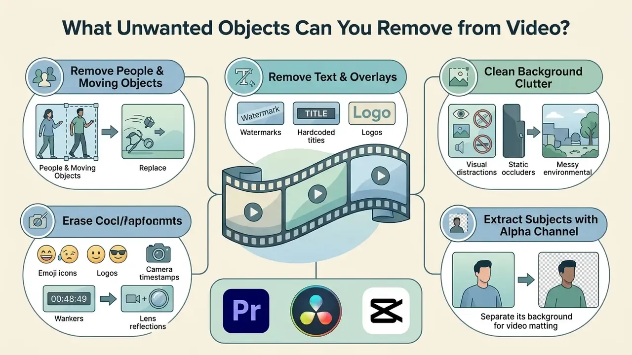 Infographic showing categories of unwanted video elements removable by AI tools including people and text