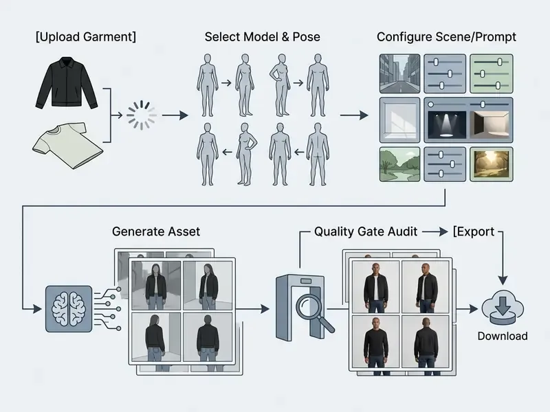 Workflow diagram showing garment upload, model selection, scene configuration, generation, and export