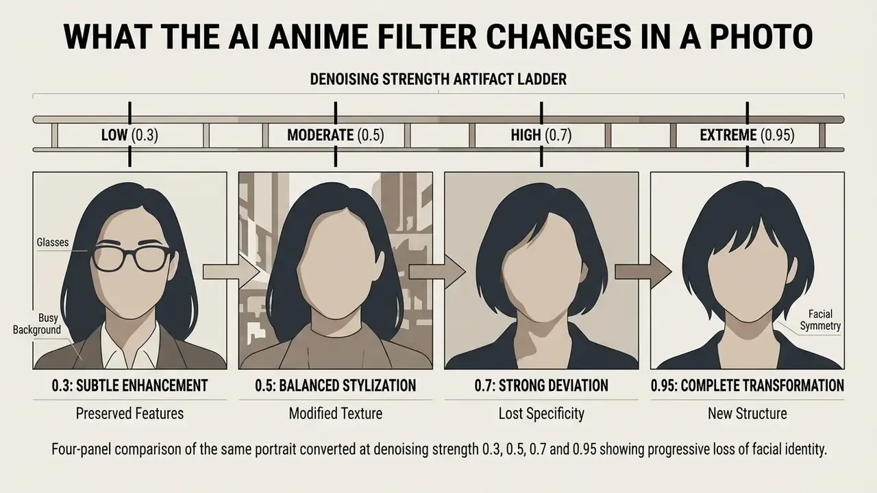 Four portraits showing how increasing denoising strength gradually removes facial details and features