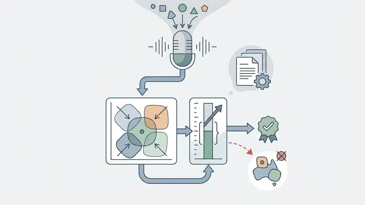 Microphone input feeding into a vowel adjustment box and pitch gauge to refine an AI female voice generator