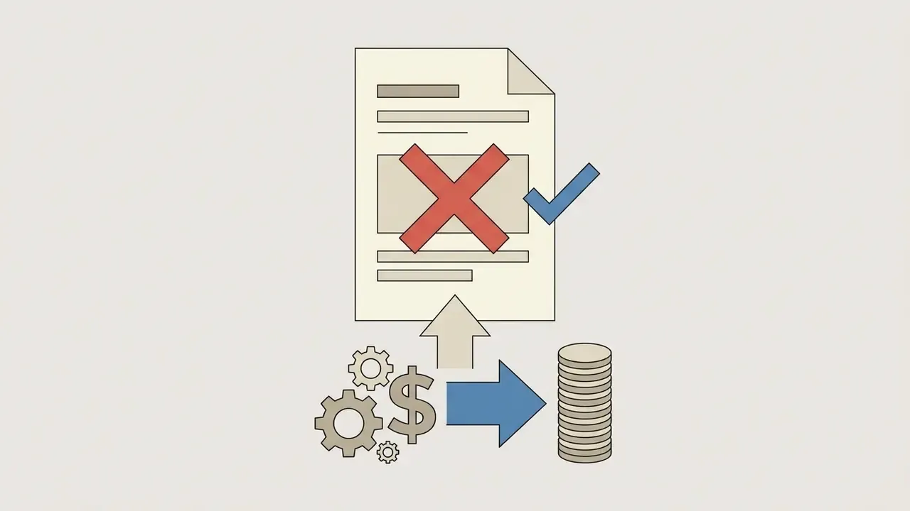 Gears and a dollar sign symbol pointing toward a document with a large red cross and a blue checkmark